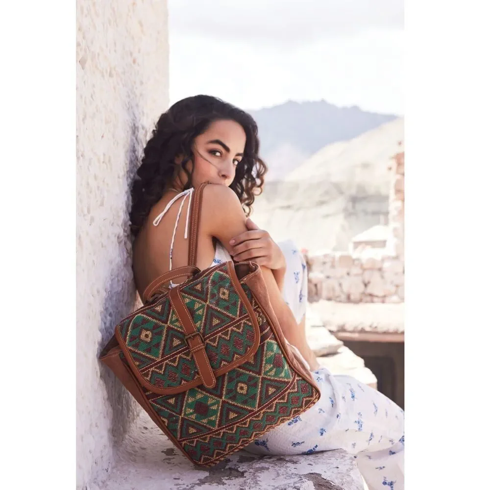 Myra Bag Handmade Dot  Backpack Upcycled Canvas & Cowhide Leather